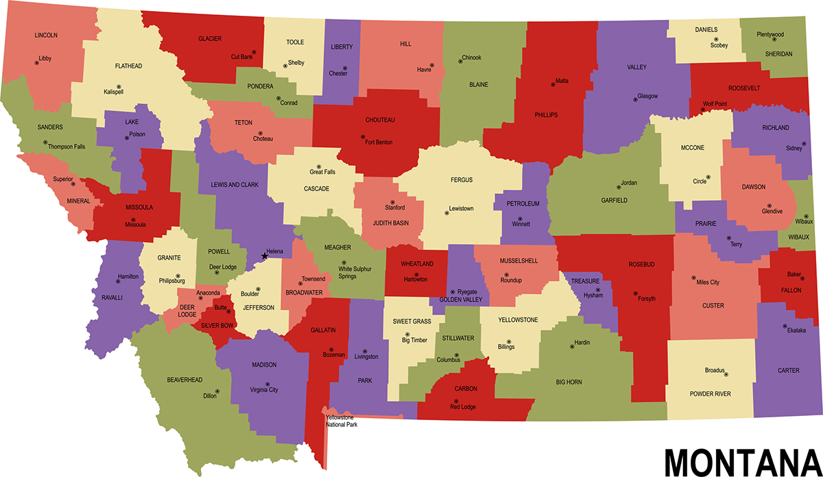 colorful flat map of the state of Montana USA with counties, capital and cities